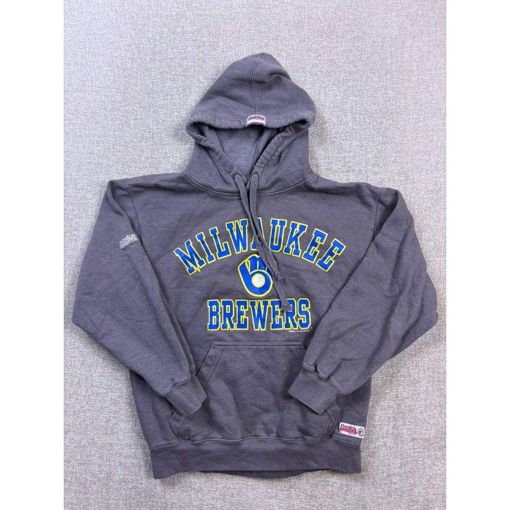 Stitches Milwaukee Brewers MLB Hoodie Mens Small Gray Blue Yellow Sweatshirt